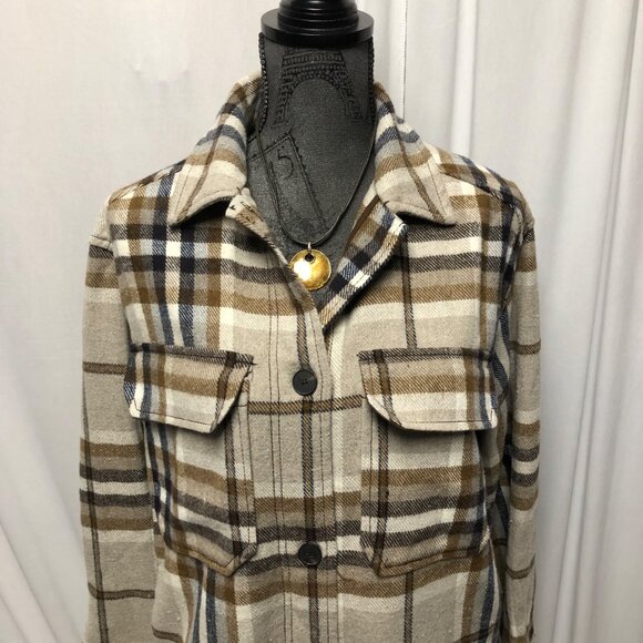 Zara Flannel Shirt Womens Size XS Beige Brown Plaid Button Down Shacket Casual - Picture 2 of 10
